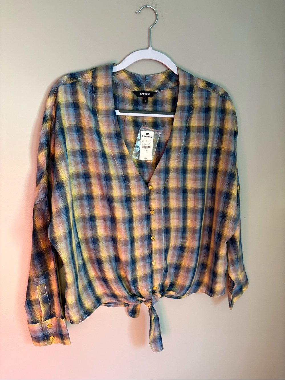 NWT Express Plaid Tie Front Blouse Button Down Fall Style Casual Chic size S
